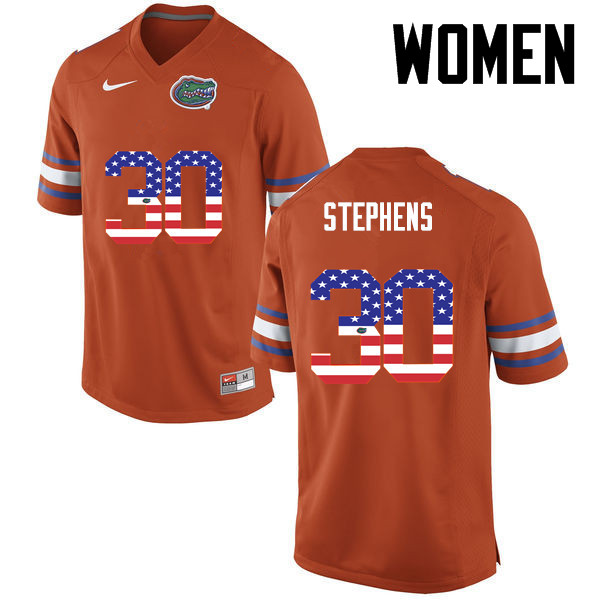 Women Florida Gators #30 Garrett Stephens College Football USA Flag Fashion Jerseys-Orange - Click Image to Close